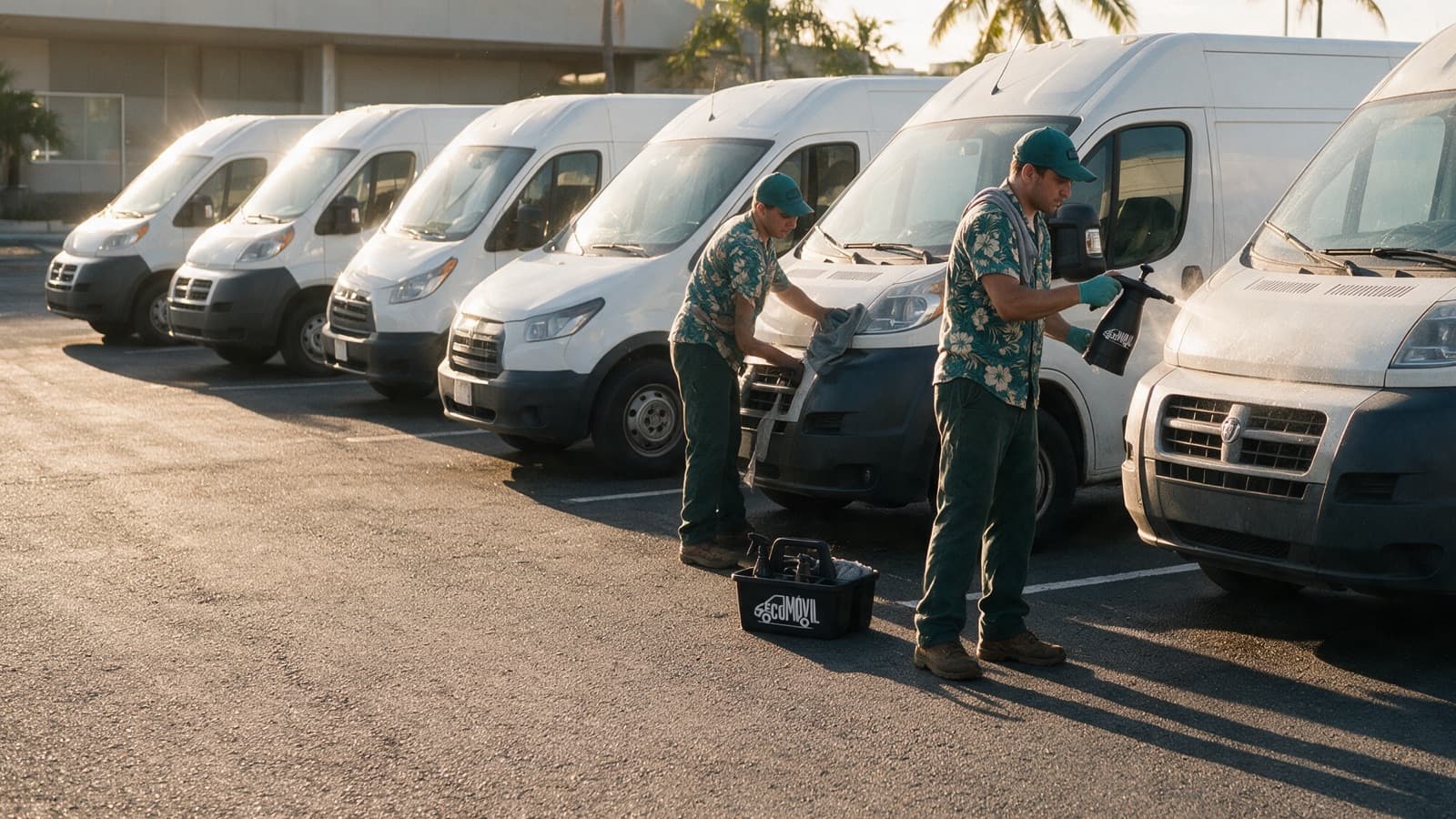 Dos detailers de secomovil lavando sin manguera una fila de vans de flota en su propio lote